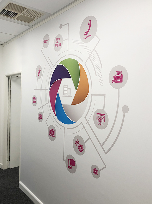 large wall graphic applied to an office wall at 360group