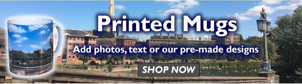 Worcester image on a mug. Text says Printed mugs. Add photos, text or our pre-made designs. Shop now