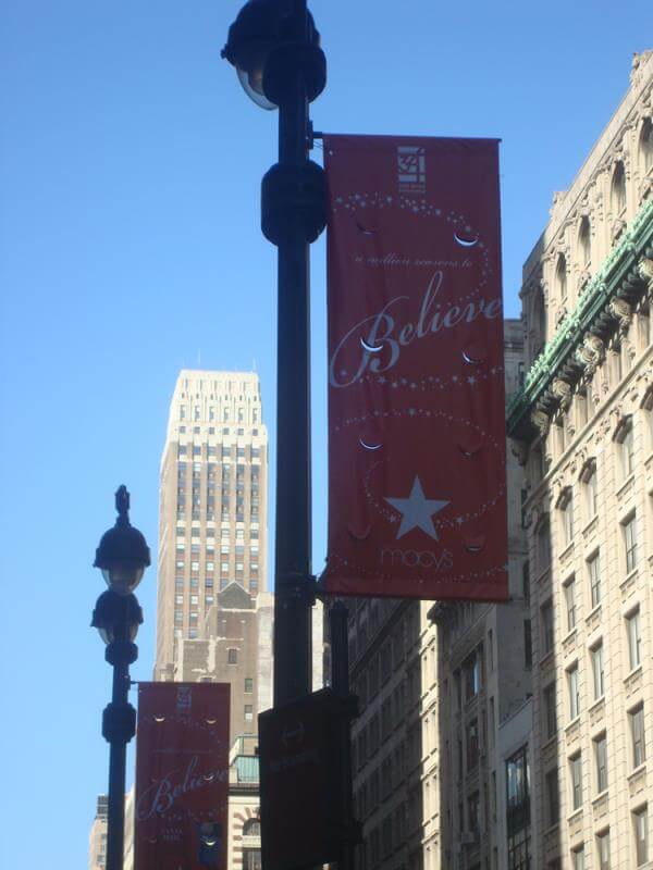 Macy's lamp post banners with wind-slits